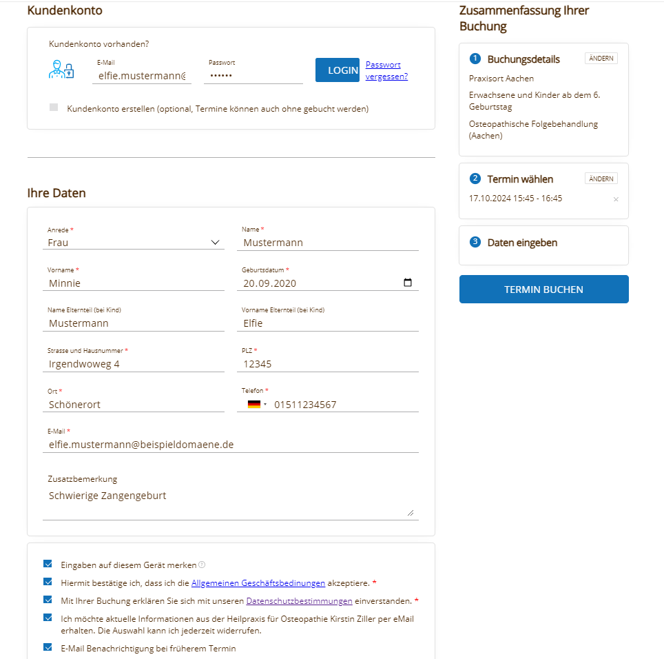 Screenshot der Buchungszusammenfassung